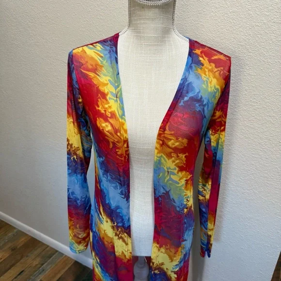 NYC Rainbow Multicolor Mesh Rave Open Front Sheer Disco Duster Cardigan Medium - Picture 2 of 16